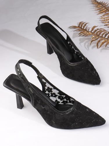 Image of TRYME Women's Floral Embroidered Mesh Mules Style Pointed Toe Slingback Stilettos Heel Sandals