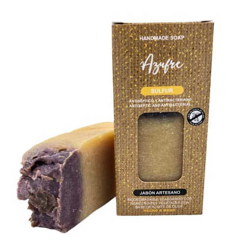 Jabón Natural Azufre Cero Waste | Jabón de Manos, Cuerpo y Cara Hidratante Antiinflamatorio | Pastilla Jabón Ecológica Artesanal | Fabricado en España | Vegano | Sin Aceite de Palma (100 g).