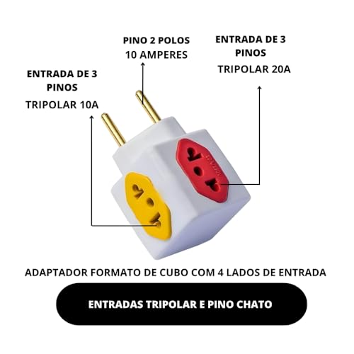 Adaptador Benjamin Cubo de Tomada com 3 Entradas 10A e 1 Entrada 20A Plug Padrão 3 Pinos Bivolt Prem