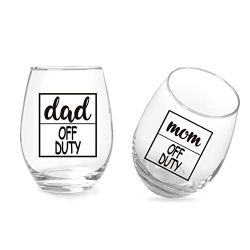 Jogskeor Mom Off Duty Dad Off Duty Stemless Wine Glass Set, New Parents Gifts, First Time Parents Gifts For Couples, Mommy Daddy, New Dad Mom, Best Gift For Expecting Mother And Father, 15Oz #TOP4