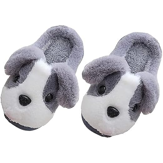 Kids Plush Dog Face Slippers 4-5 year Grey