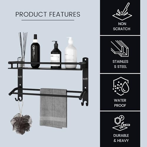 Image of GLOXY Black Matte Finish Washroom Storage Organizer - Premium Bathroom Stainless Steel Shelf with Towel Holder Rods - Bathroom Fittings Accessories Set for Home, Office. Hotels & Restaurants