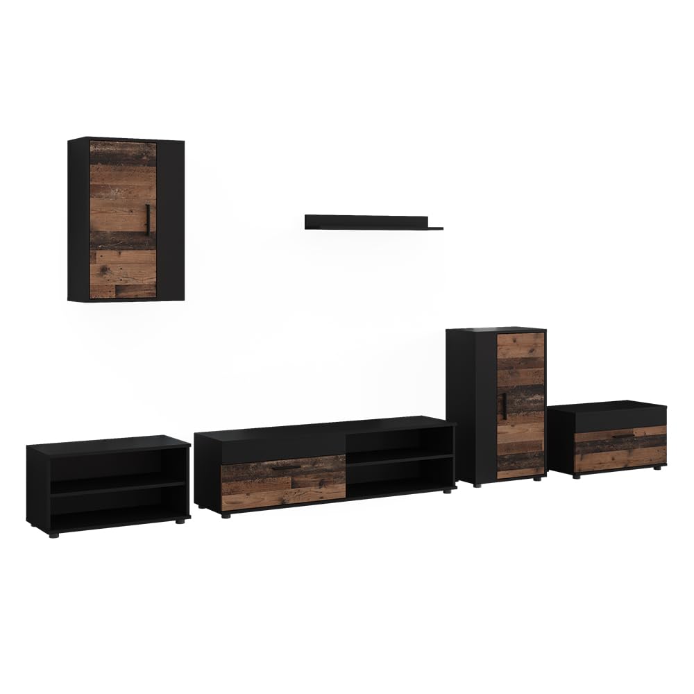 Vicco Parete attrezzata soggiorno Berno, Nero/Oldstyle, Set da 6 pezzi