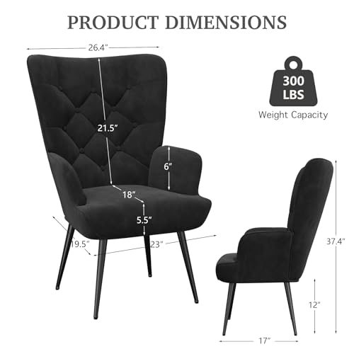 Black Velvet Wingback Reading Chair, Mid Century Modern Armchair for Living Room and Bedroom
