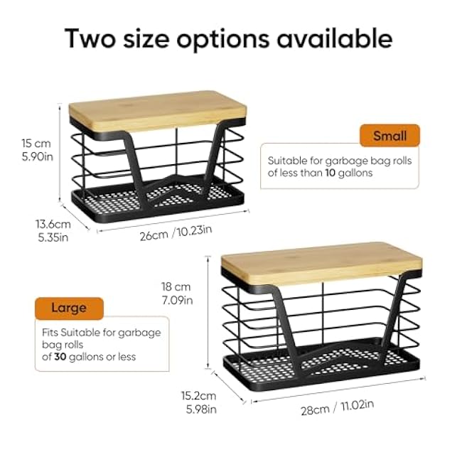 2 Pack Trash Bag Holder, Wall Mount Trash Bag Holder with Bamboo Top, Garbage Bag Dispenser Roll Holder, Pantry Organizers Wall Mounted Laundry Room Organization Storage, Black Small& Large