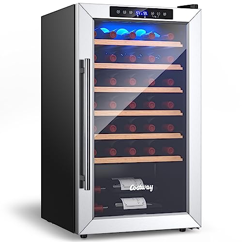 COSTWAY 20 Inch Wine Cooler, 33 Bottles Wine Refrigerator with 2-Layer Tempered Glass Door & Dual Alarm Function, 41-64.5°F Temp Control, Built-In or Freestanding Mini Wine Fridge