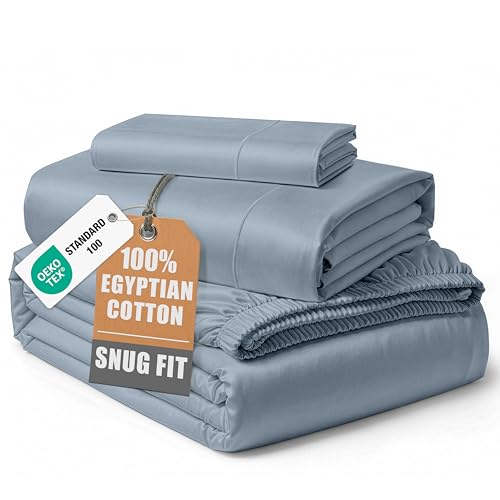 Image of LANE LINEN Twin Size Sheets 100% Egyptian Cotton Sateen - French Blue | Twin Sheets Cotton - 3-Piece Set, Ideal For Dorms And Guest Beds, For Guests And Everyday Use, Guest-Ready Comfort