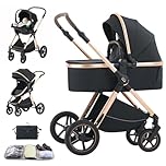 Shineey 3 in 1 Baby Stroller with Height Adjustable Handle,3 in 1 Prams Travel System, Lightweight Foldable Pushchair, Prams with Aluminum Frame for Portable Baby Carriage