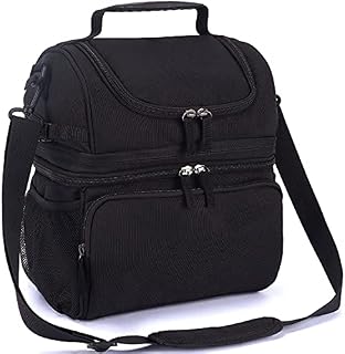 SEILBLOT Insulated Dual Compartment Lunch Bag Double Deck Reusable Expandable Cool Bag with Shoulder Strap for Men Women for Work Large Leakproof Thermal Lunch Pail for Picnic Camp Black