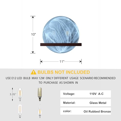 Image of 10 inch Round Blue Glass Bathroom Wall Sconce Concise Style 2 Pack 2 Light Wall Light Fixture,Oil Rubbed Bronze Finish for Bedroom Hallway Bedside Living Room
