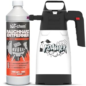 bio-chem Schaumsprüher & Rauchharz-Entferner 1L - Backofen- & Grillreiniger Konzentrat 1:40 inkl. Schaumkanone für Gasgrill, Edelstahl, Gusseisen u.v.m. Extrem kraftvoll gegen hartnäckige Ablagerungen