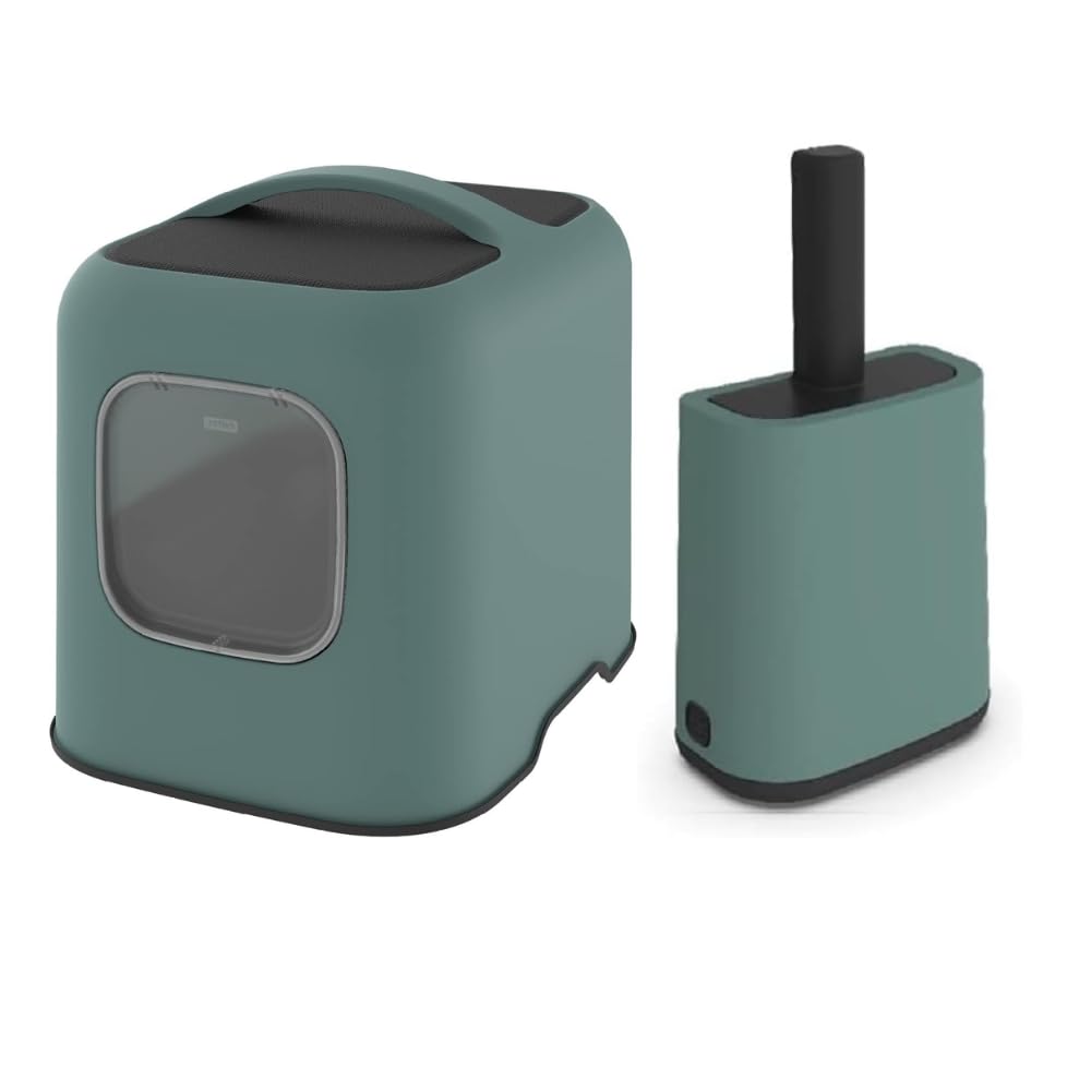 """Rotho MyPet Biala Cat Litter Tray & Scoop Set ? Large Covered Cat Litter Box with Carbon Filter, Scoop with Holder & 16 XL Bags ? Odor Control, Easy Clean, Recycled Plastic (PP), Green"""