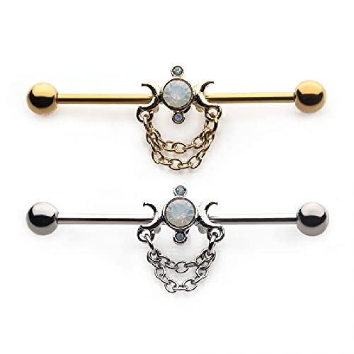 Pierced Owl - 14GA Crescent Moons with Circular Opalite Center and Dangling Chains 316L Surgical Stainless Steel Industrial Cartliage Barbell2