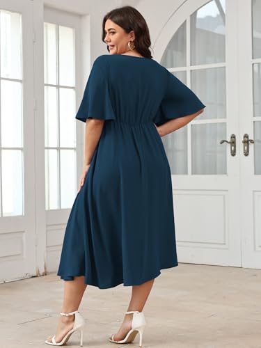 Image of SCOMCHIC Women Plus Size Midi Dresses Wedding Guest Short Sleeve V Neck Tie Waist Casual Summer Flowy A Line Dress