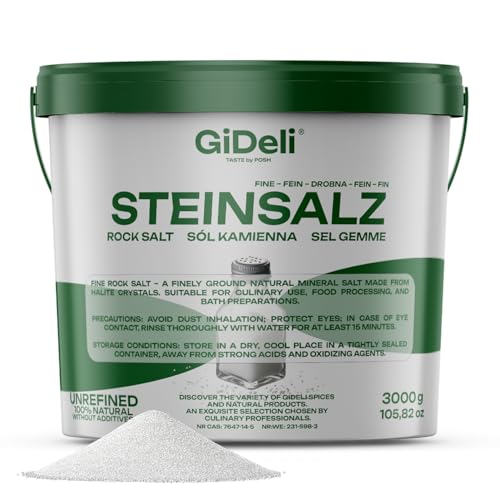 GiDeli Sal de roca fina 3 kg natural sin refinar sin aditivos para cocina, procesamiento de alimentos, baños