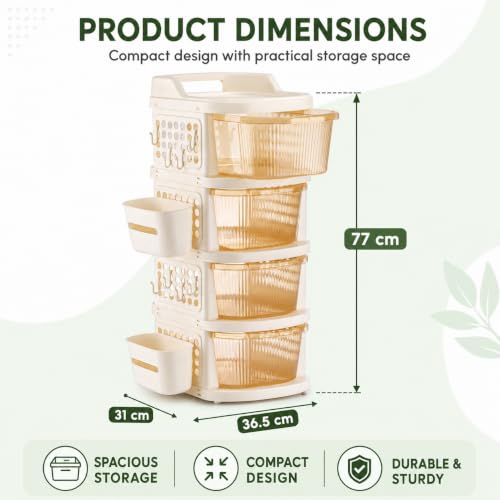 Image of Homeor 4 Tier Plastic Storage Drawer Cabinet with Wheels, Modular Chest of Drawers Organizer with Side Basket & Handle, Storage Trolley Rack for Home, Kitchen, Bedroom, Kids Room (Ivory Transparent)