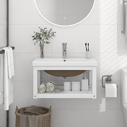 AJJHUUKI Cabinets & Storage,Vanity Units,Bathroom Vanity Units-Bathroom Washbasin Frame with Built-in Basin White Iron