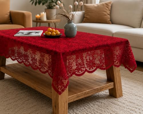 Image of Cotton Net Embroidered Center & Dining Table Cover for 4 Seater | Rectangular 40x60 Inch | Lightweight & Washable Table Cloth | Pack of 1 (Maroon)
