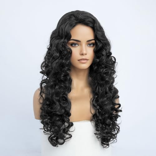 Perücke Schwarze Locken Lang für Frauen Lockige Perücke Schwarz Asiatisch Damen für Karneval Halloween Fasching Cosplay Kostüm Black Long Hair Wig Women (60cm) – Bild 5