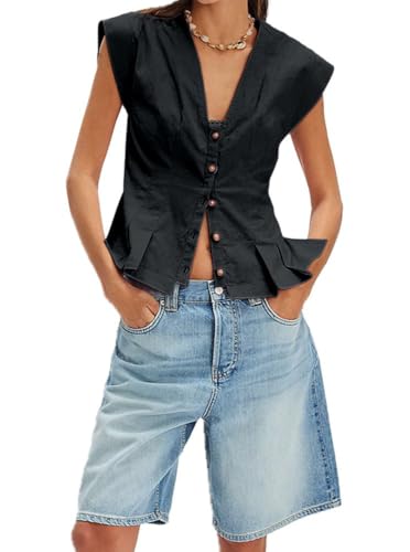 SurBepo Vest Tops for Women V-Neck Button Down Linen Blazer Cap Sleeve Fitted Waistcoat Work Casual Dressy Clothes3