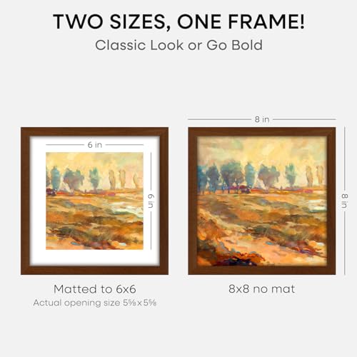 Image of Homeforia 8x8 Brown Oak Picture Frame, High-End Wood, 6x6 Mat, Glass | High End Solid Oak Wood, Tempered Glass, Acid-Free 6x6 Removable Mat, 8x8 Edge-to-Edge Display 8x8, Wall Kit, Set Of 3