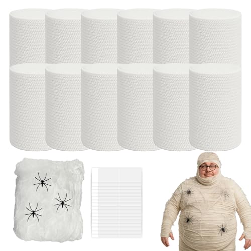 60 Yards 12 Rolls Halloween Mummy Wrap Costume Kit for Adults Mummy Gauze Bandage with Spider Web for Halloween Decor Props DIY Scary Zombie Costumes Accessories Photography Backdrops Makeup Effect