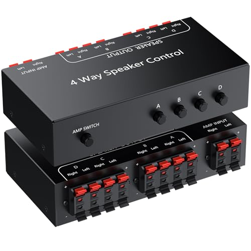PROZOR 4-Zone Speaker Selector Switch, Passive Speaker Switch Box for 1 Amplifier to 4 Speaker Pairs, Independent A/B/C/D Buttons, 150W RMS per Channel, Supports 4–16Ω Passive Speakers