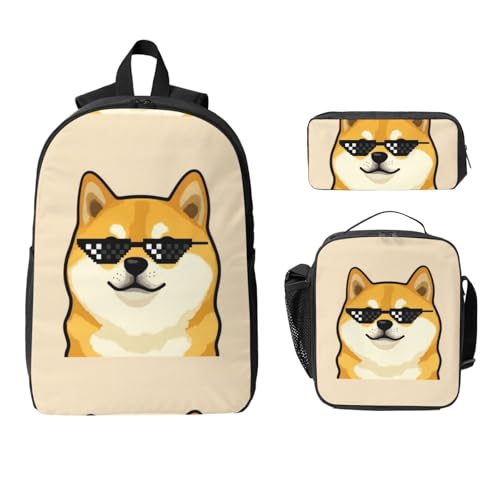 Backpack Set - With Lunch Bag & Pencil Case For Unisex (for Sunglasses Funny Doge Meme Dog)2