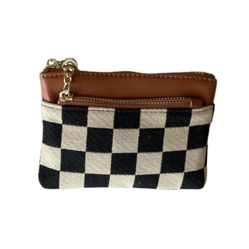 TURBOOST Checker Pattern Wallet for Women – Canvas Front & Vegan Leather, 3-Pocket Credit Card Holder, Cute Zipper Wallet, Compact Coin Purse, 2 Color Options (Brown)