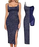 Popilush Formal Dresses for Women Sparkly Midi Dress Shapewear Tummy Control Square Neck Ruched Cocktail Dress Side Slit Blue