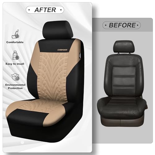 Image of CAR PASS Car Seat Covers Full Sets, Front & Split Rear Bench for Car, 3D Tyre Embossed Automotive Interior Covers, Airbag Compatible, Quick Setup Universal Fit Seat Covers for Car, SUV(Black Beige)