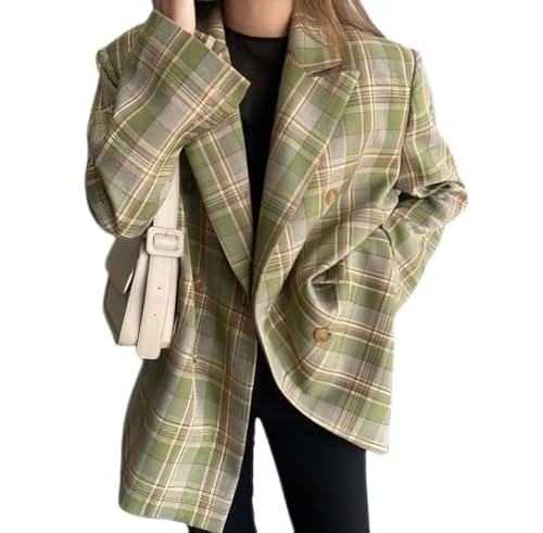 chouyatou Womens Business Casual Plaid Blazer Jacket Notched Collar Open Front Dressy Suit Loose Pea Coat