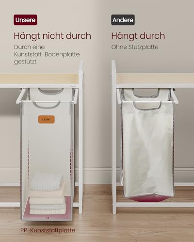 VASAGLE Wäschekorb 3 Fächer, Wäschesammler 100 L, Wäschesortierer, Rollen, Wäschewagen mit Ablage, Wäschesack, kleine seitliche Taschen, 6 Etiketten, naturbeige-taubengrau-cremeweiß BLH202G01
