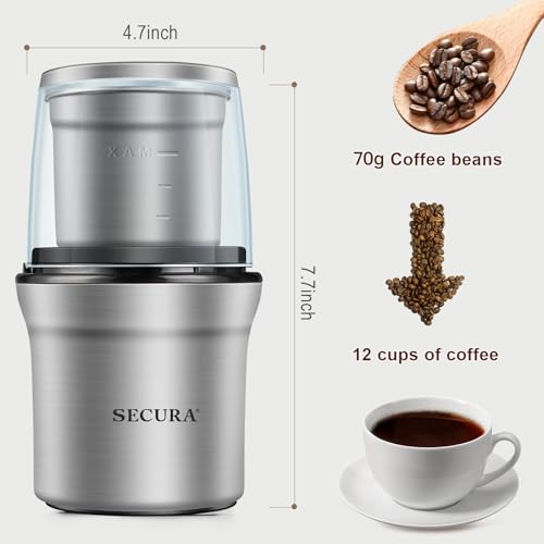 Secura Electric Coffee Grinder and Spice Grinder with 1 Stainless Steel Blades Removable Bowl, Dry Grinding - Thumbnail 3