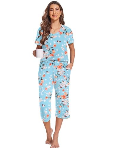 Image of Ekouaer 2 Pack Women's Capri Pajama Sets Short Sleeve Two-Piece Pjs V Neck Tops & Pants Printed Lounge Sets S-3XL