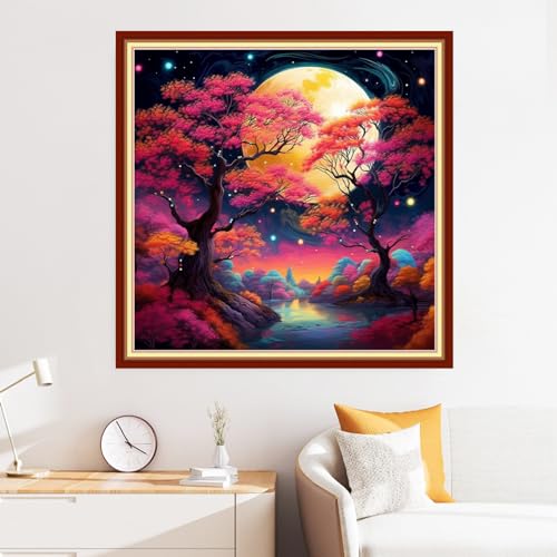 Image of Disxvivy Cross Stitch Stamped Full Embroidery Kits DIY 11CT Cotton Thread Printed DIY Needlepoint Kits Craft Needlework Set Cross-Stitch Stamped Sets-Colorful Moonlit Night 18x18 inch