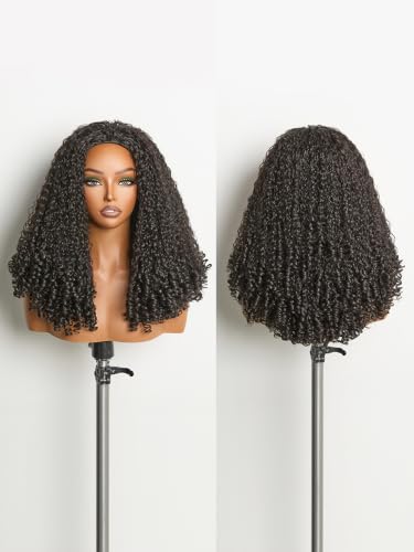 Frodio Burmese Curly Half Wig18 Inches Veralux Fiber Blend Human Hair 3 in 1 Shaggy Waves Drawstring Glueless Wigs with Unique Bouncy Curls in the End 200% Density Natural Black Ready to Go