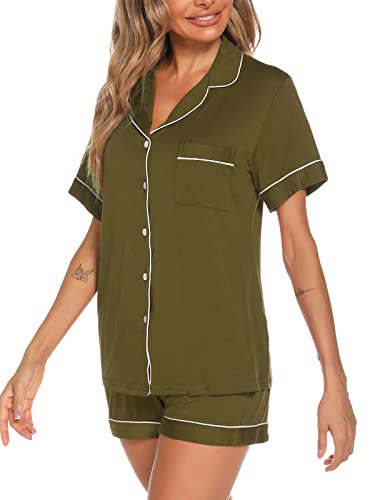 Image of Aamikast Button Up Pajama Set for Women Shorts Short Sleeve Knit Sleepwear 2 Pice Pjs Sets