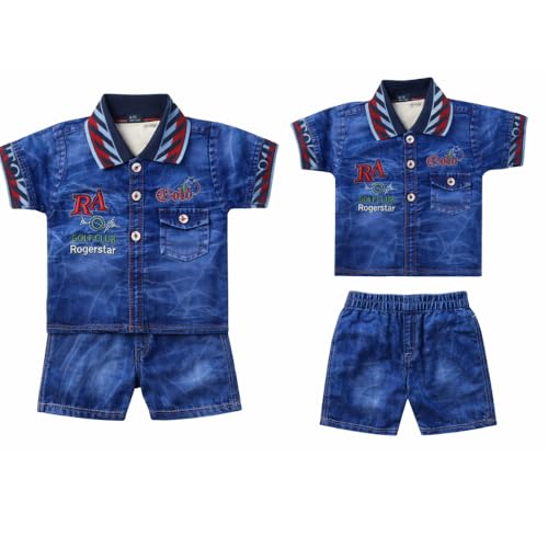 Image of Dreambells Baby Boy Dress 6-12 Months Combo Denim Romper Suit, Kids Clothes for Boys, Cotton Baby Dress with Golf Club Embroidery, Stylish Kids Wear for Boys 2 Piece Set