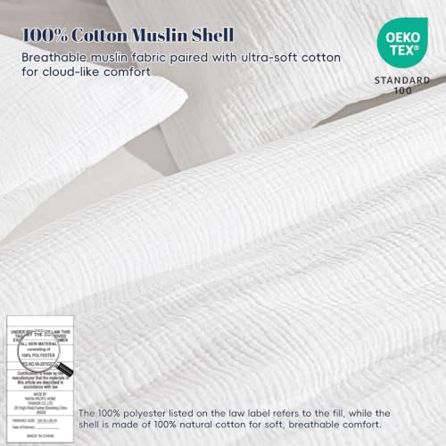 Image of PHF Cotton Muslin Comforter Set Queen - 100% Cotton Cover, Ultra Soft & Breathable, 3PCS Lightweight All-Season Bedding with Polyester Fill, 1 Comforter 90 inchx90 inch & 2 Pillow Shams 20 inchx26 inch, White