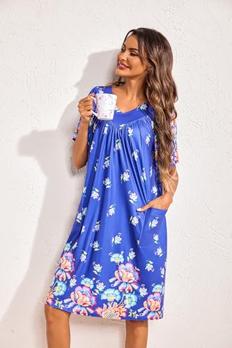 Image of Ekouaer Womens House Dress Floral Print Nightgown with Pockets Mumu Dress | V Neck Nightgowns for Women Pleated Short Sleeves Mumu Dresses Knee Length Moo Moo for Sleep, Daily Wear, Vacation, Party