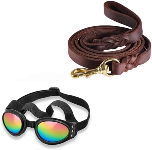 QUMY Leather Dog Leash and Black Dog Sunglasses for Motorcycle Ca...