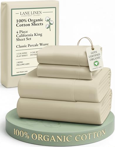 Image of LANE LINEN 100% Organic Cotton Fully Elasticized California King Sheet Set, Low Pilling Fade Resistant Machine Washable Naturally Cooling Cal King Bedding Set, Soft & Comfy Cotton Sheets - Linen
