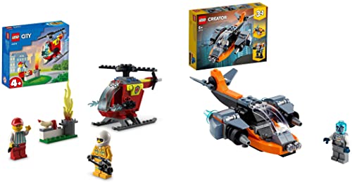 Image of LEGO City Fire Helicopter 60318 Building Kit (53 Pieces) 31111 Kid's Creator 3 in 1 Cyber Drone Building Set with Cyber Mech and Scooter, Space Toys 6 Years Old, Multicolor