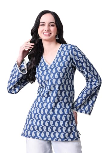 Image of MEERA FAB Women's Floral Printed Cotton Short Top | Sanganeri Printed Top Full Sleeves | Short Kurti for Women