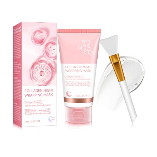 Collagen Night Wrapping Mask + Brush, Collagen Overnight Wrapping Peel Off Facial Mask, Purifying Exfoliating Gel for Dry & Dehydrated Skin, Hydration Care, Skin elasticity visible improved