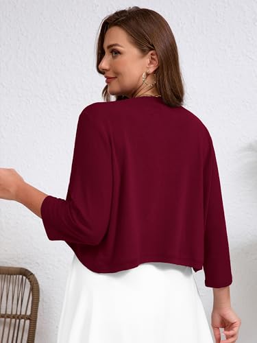 AusLook Plus Size Women Bolero Shrugs 3/4 Sleeve Burgundy 2X Open Front Knit Lightweight Coat Cropped Tops Shawls and Wraps Cardigan Dressy Sweater Clothes — view 2