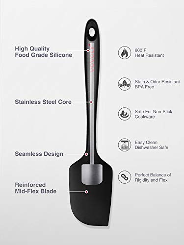 Vovoly Silicone Spatula, Seamless Rubber Spatula for Baking, Cooking, Scraping, and Mixing, 600ºF Heat Resistant No Stick Kitchen Spatulas, Stainless Steel Core, BPA Free (1 Large+1 Small, Black) - Thumbnail 2