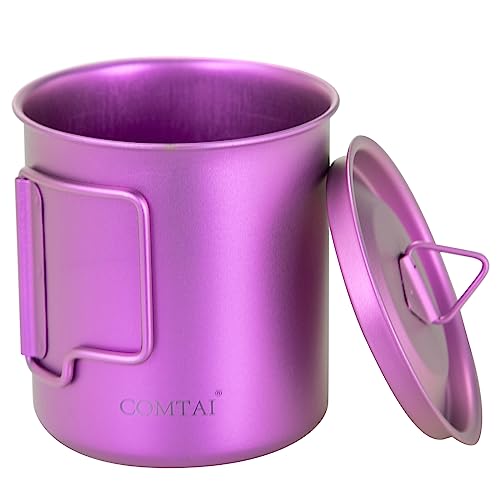 COMTAI Titanium Pot, 420ml/15 oz Mug with Lid and Foldable Handle, Outdoor Titanium Cup for Hiking Camping Cooking-Purple