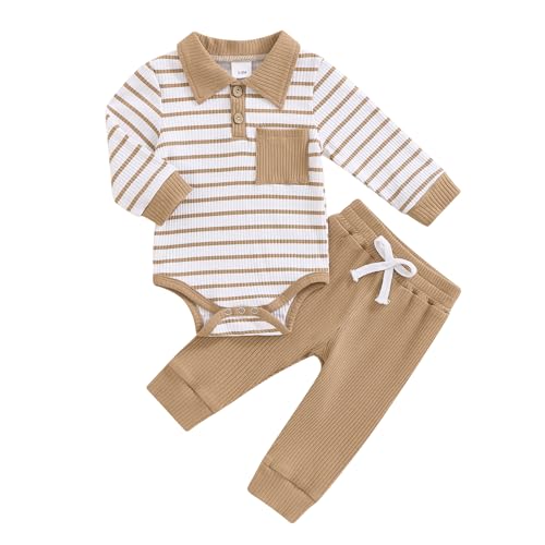 Vioyavo Infant Baby Boys 2Pcs Tracksuit Stripes Print Long Sleeve Romper Elastic Waist Long Pants Set Casual Clothes Set Spring Fall (L Khaki, 9-12 Months)